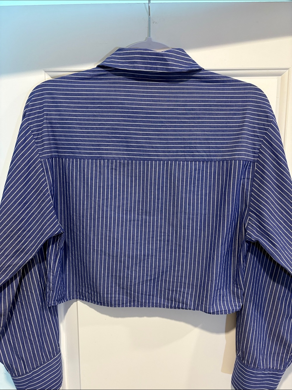 Zara Button Down Shirt, Cotton Poplin, Cropped, Blue & White Stripe, M - Picture 8 of 13